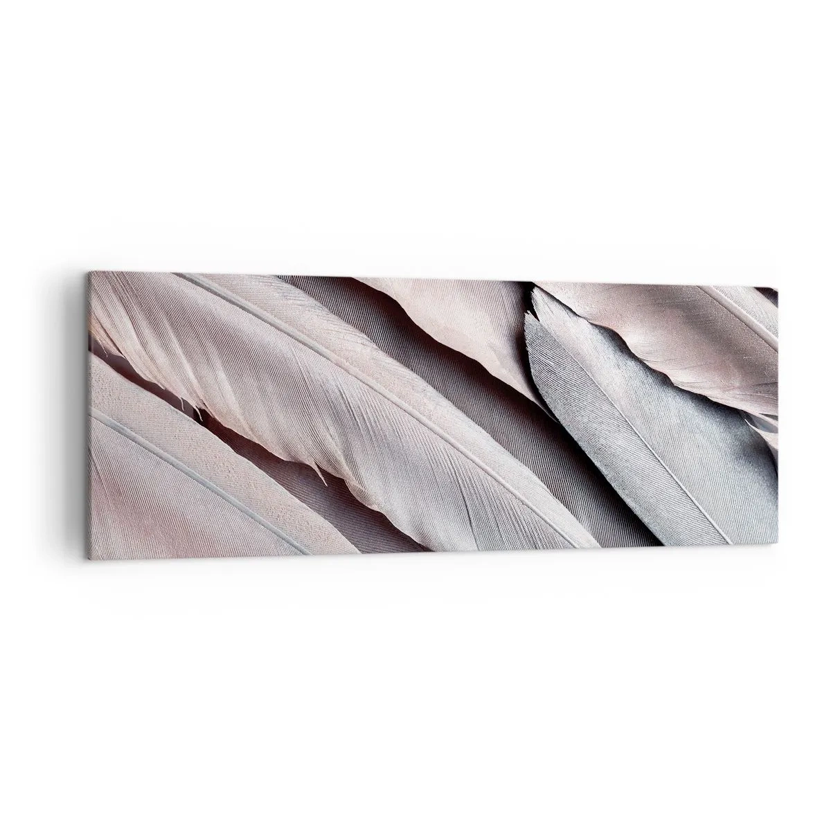 Cuadro sobre lienzo - Impresión de Imagen - Plumas delicadas en sutiles tonos de gris y beige. - 140x50cm - En rosa plateado - Decoración de pared moderna para salón y dormitorio ARTTOR