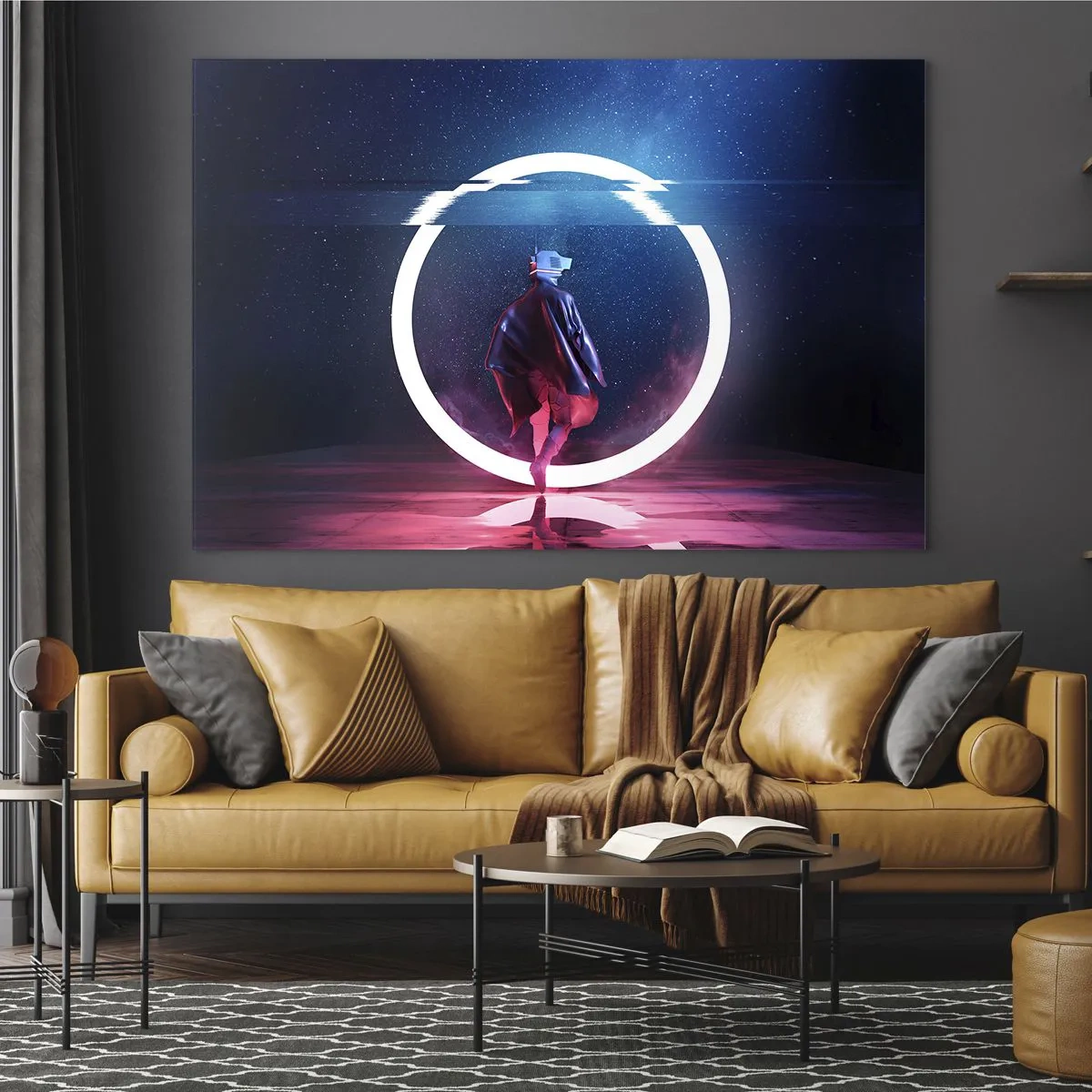 Cuadro sobre vidrio - Impresiones sobre Vidrio - Una figura en un entorno futurista con un anillo de neón. - 70x50cm - Entre mundos - Decoración de pared moderna para salón y dormitorio ARTTOR