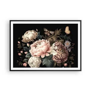 Póster en marco negro - Un ramo de flores rosas y mariposas sobre un fondo negro. - 100x70cm - En estilo barroco - Decoración de pared moderna para salón y dormitorio ARTTOR