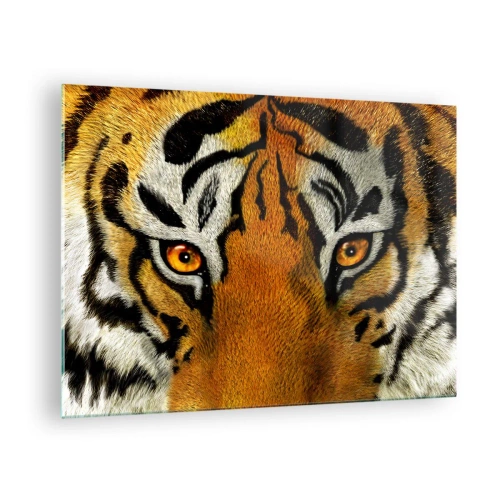 Cuadro sobre vidrio - Impresiones sobre Vidrio - Primer plano de la intensa mirada del tigre. - 70x50cm - Amenazante y hermoso - Decoración de pared moderna para salón y dormitorio ARTTOR