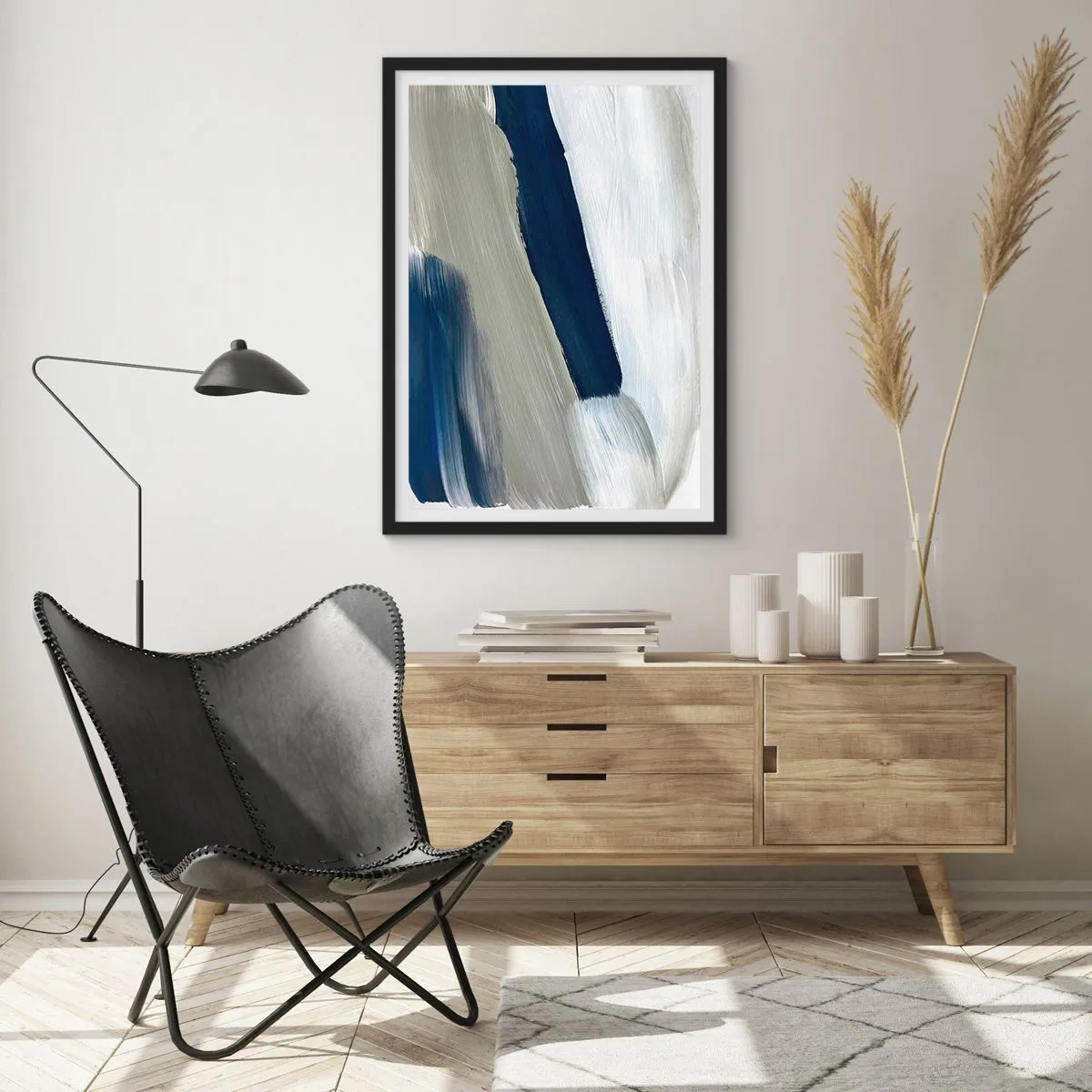 Póster en marco negro - Pinceladas abstractas en tonos azul marino - 50x70cm - Encuentro con el blanco - Decoración de pared moderna para salón y dormitorio ARTTOR