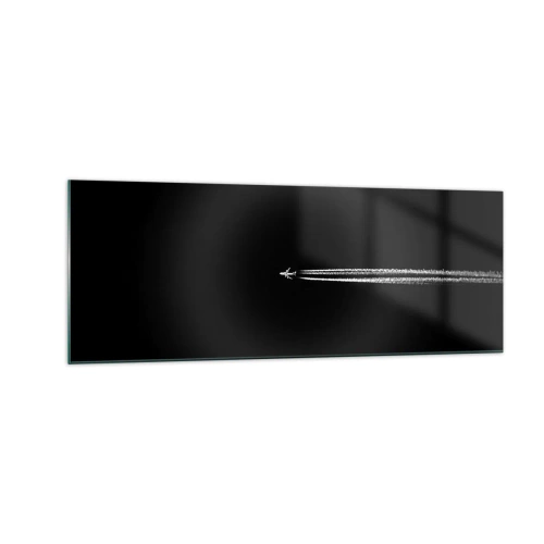 Cuadro sobre vidrio - Impresiones sobre Vidrio - Un avión a reacción con una estela de condensación visible sobre un fondo negro. - 140x50cm - En otra dimensión - Decoración de pared moderna para salón y dormitorio ARTTOR