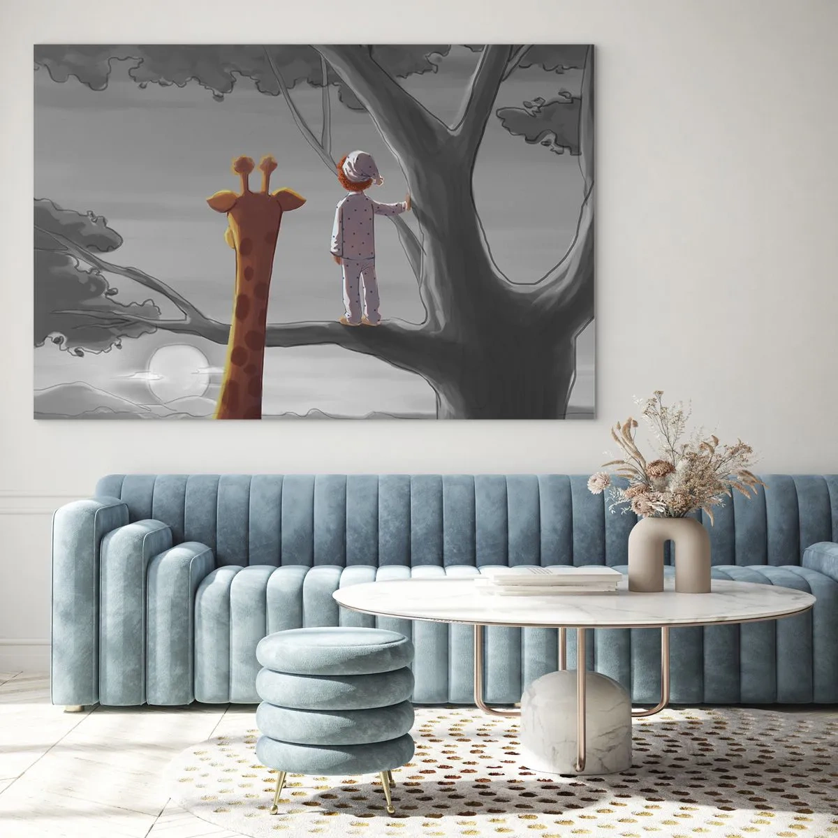 Cuadro sobre vidrio - Impresiones sobre Vidrio - Un niño en pijama y una jirafa miran el atardecer desde un árbol. - 70x50cm - ¿Está sucediendo de verdad? - Decoración de pared moderna para salón y dormitorio ARTTOR
