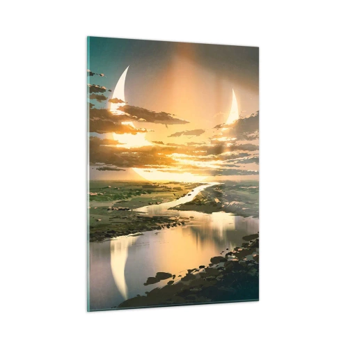 Cuadro sobre vidrio - Impresiones sobre Vidrio - Un paisaje fantástico con una luna doble sobre el río. - 50x70cm - En algún lugar de una galaxia muy, muy lejana - Decoración de pared moderna para salón y dormitorio ARTTOR