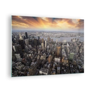 Cuadro sobre vidrio - Impresiones sobre Vidrio - Panorama de la ciudad con vistas a los rascacielos al atardecer - 70x50cm - El corazón palpitante de nuestro tiempo - Decoración de pared moderna para salón y dormitorio ARTTOR