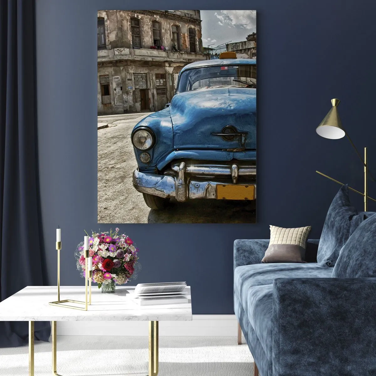 Cuadro sobre vidrio - Impresiones sobre Vidrio - Auto clásico cubano en las calles de La Habana - 50x70cm - Lo antiguo es hermoso - Decoración de pared moderna para salón y dormitorio ARTTOR