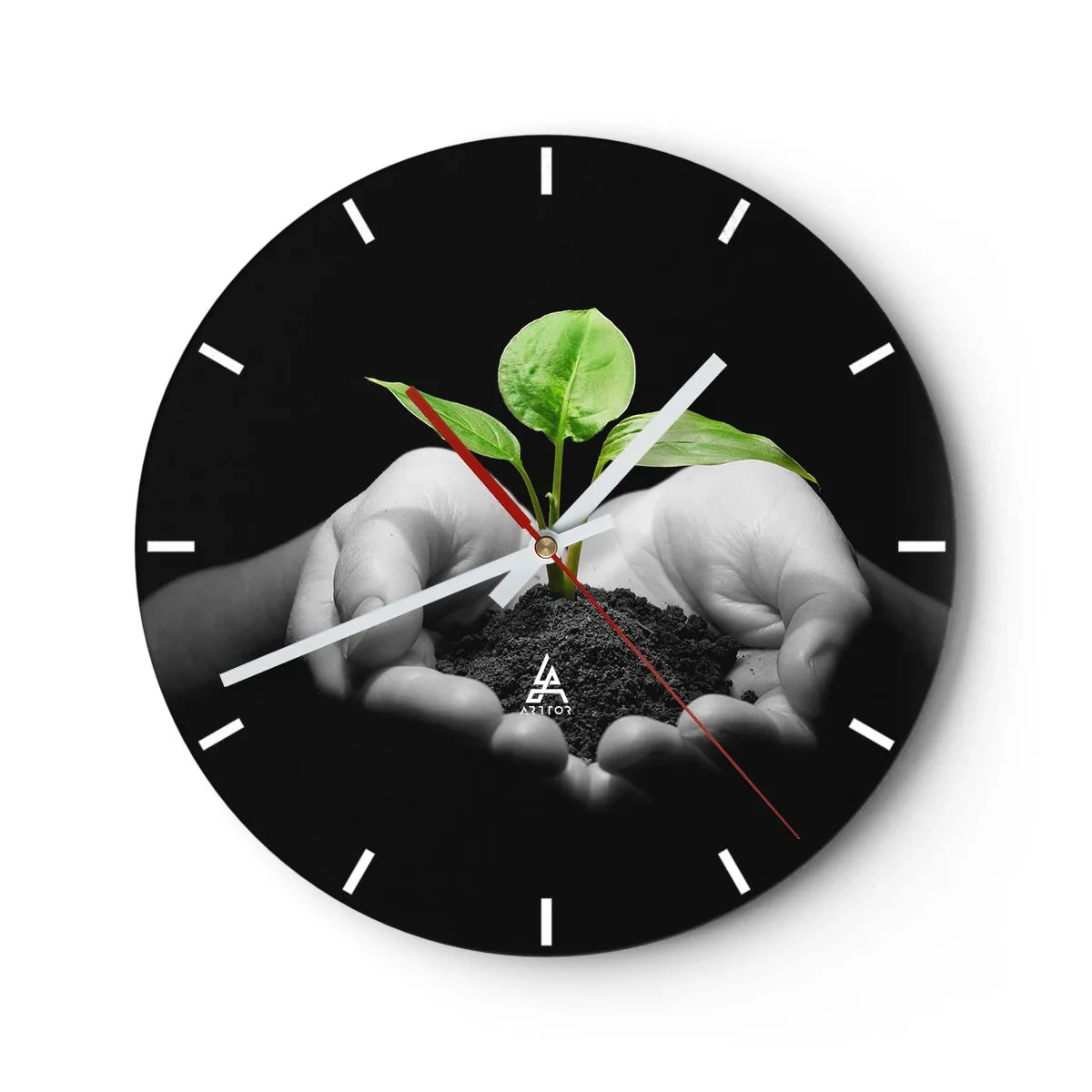 Reloj de pared - Reloj de vidrio - Un brote verde sostenido en las manos sobre un fondo negro. - 30x30cm - Amo la naturaleza, la protejo - Decoración de pared moderna para salón, cocina y dormitorio ARTTOR