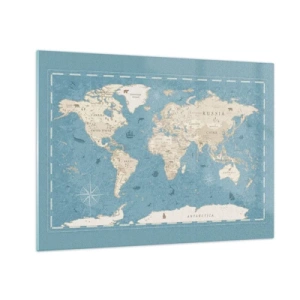 Cuadro sobre vidrio - Impresiones sobre Vidrio - Mapa del mundo estilizado sobre fondo azul - 70x50cm - Un mundo al alcance de la mano - Decoración de pared moderna para salón y dormitorio ARTTOR