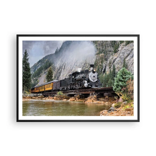 Póster en marco negro - Una locomotora de vapor en un puente en un pintoresco paisaje montañoso. - 100x70cm - ¿Adónde me llevas? - Decoración de pared moderna para salón y dormitorio ARTTOR