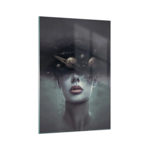 Cuadro sobre vidrio - Impresiones sobre Vidrio - Un rostro de mujer con un motivo de planeta y espacio en el fondo. - 70x100cm - Y los planetas sienten... - Decoración de pared moderna para salón y dormitorio ARTTOR