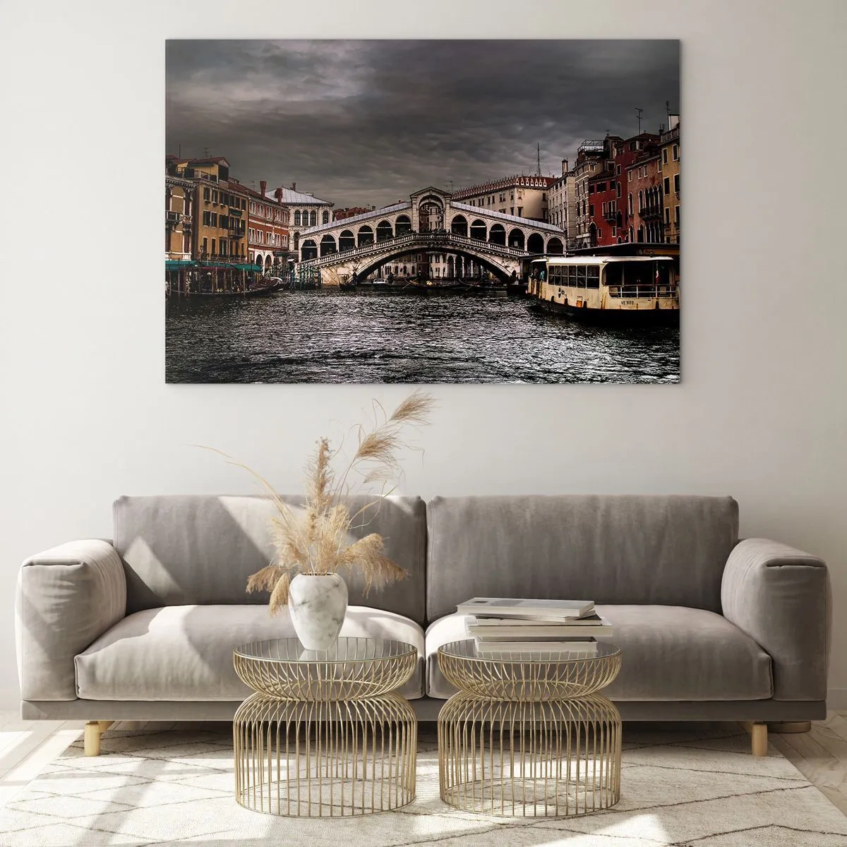 Cuadro sobre vidrio - Impresiones sobre Vidrio - El puente de Rialto contra un cielo nublado - 70x50cm - Promesa de una velada veneciana - Decoración de pared moderna para salón y dormitorio ARTTOR