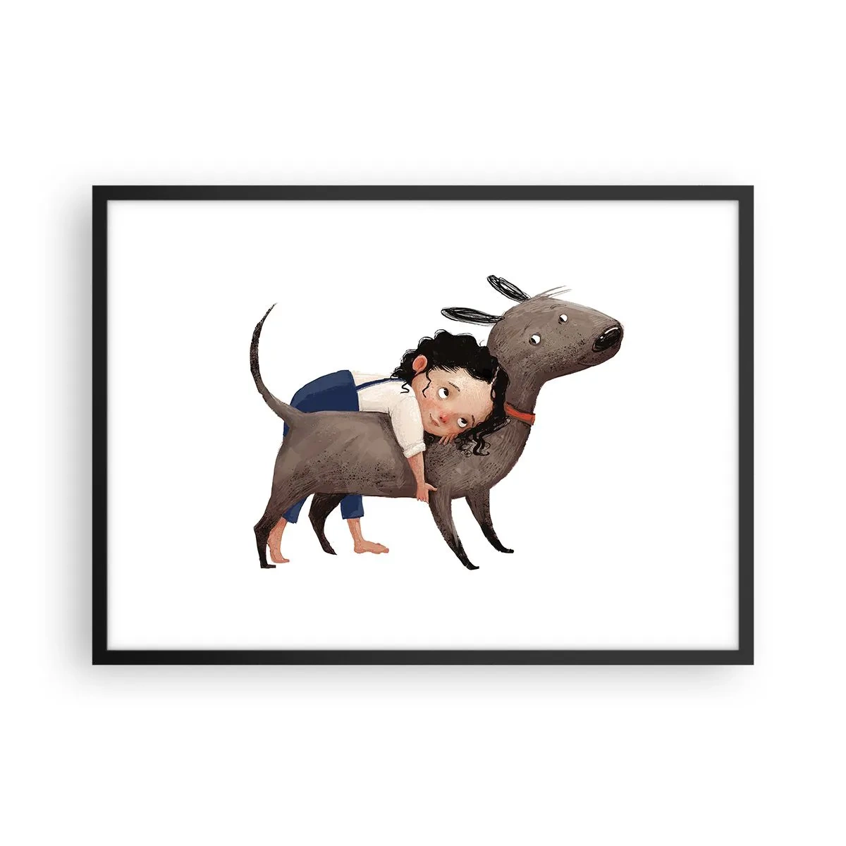Póster en marco negro - Ilustración de estilo de dibujos animados de un niño abrazando a un perro. - 70x50cm - Mejores amigos - Decoración de pared moderna para salón y dormitorio ARTTOR