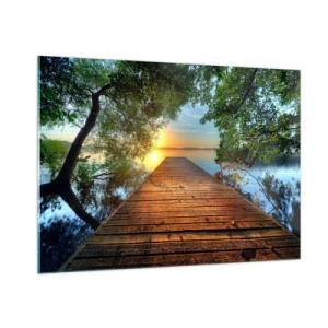 Cuadro sobre vidrio - Impresiones sobre Vidrio - Muelle de madera sobre el lago al atardecer - 100x70cm - Tómate tu tiempo, siéntate - Decoración de pared moderna para salón y dormitorio ARTTOR