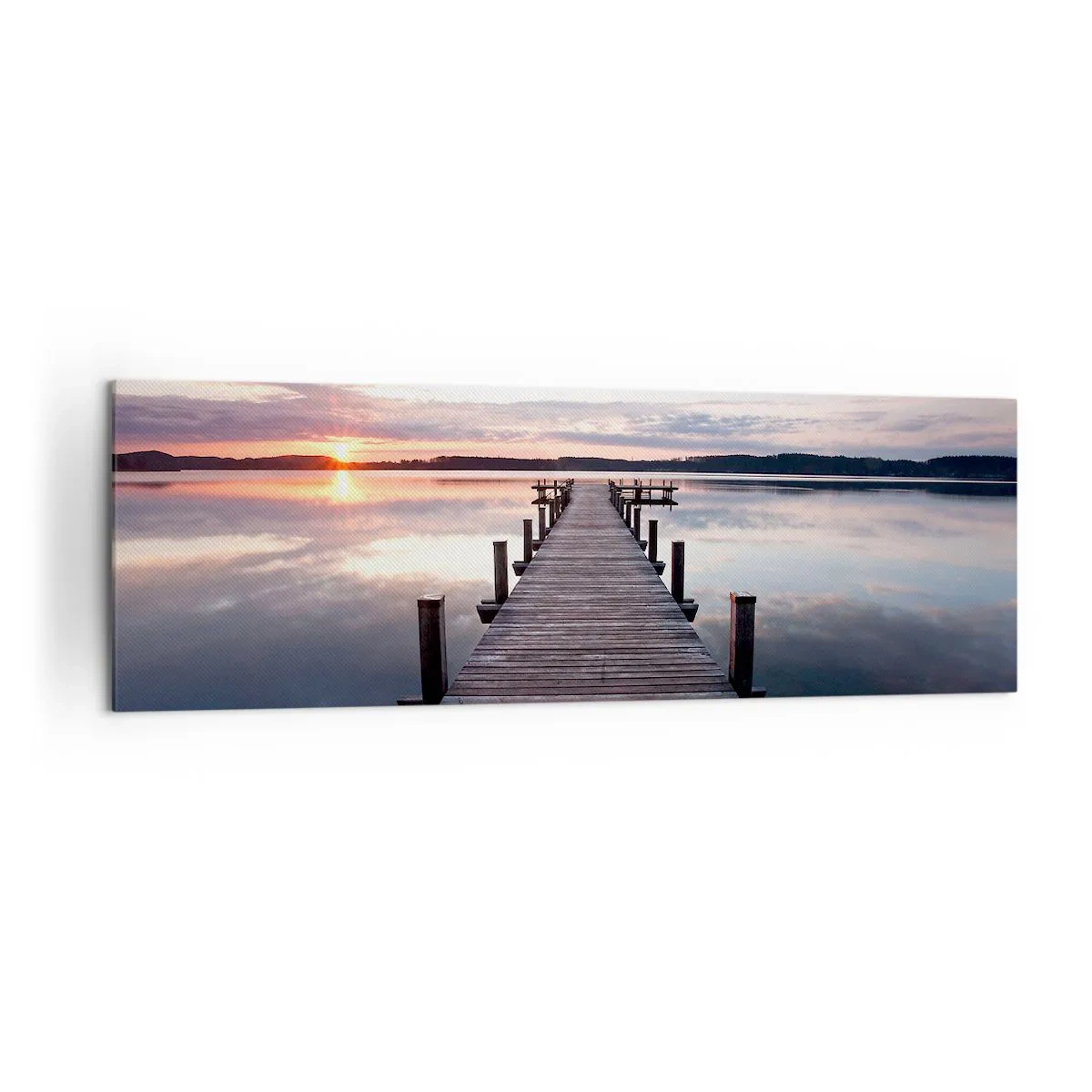 Cuadro sobre lienzo - Impresión de Imagen - Un muelle en un lago al atardecer en un paisaje tranquilo. - 160x50cm - Frontera silenciosa del día y la noche - Decoración de pared moderna para salón y dormitorio ARTTOR