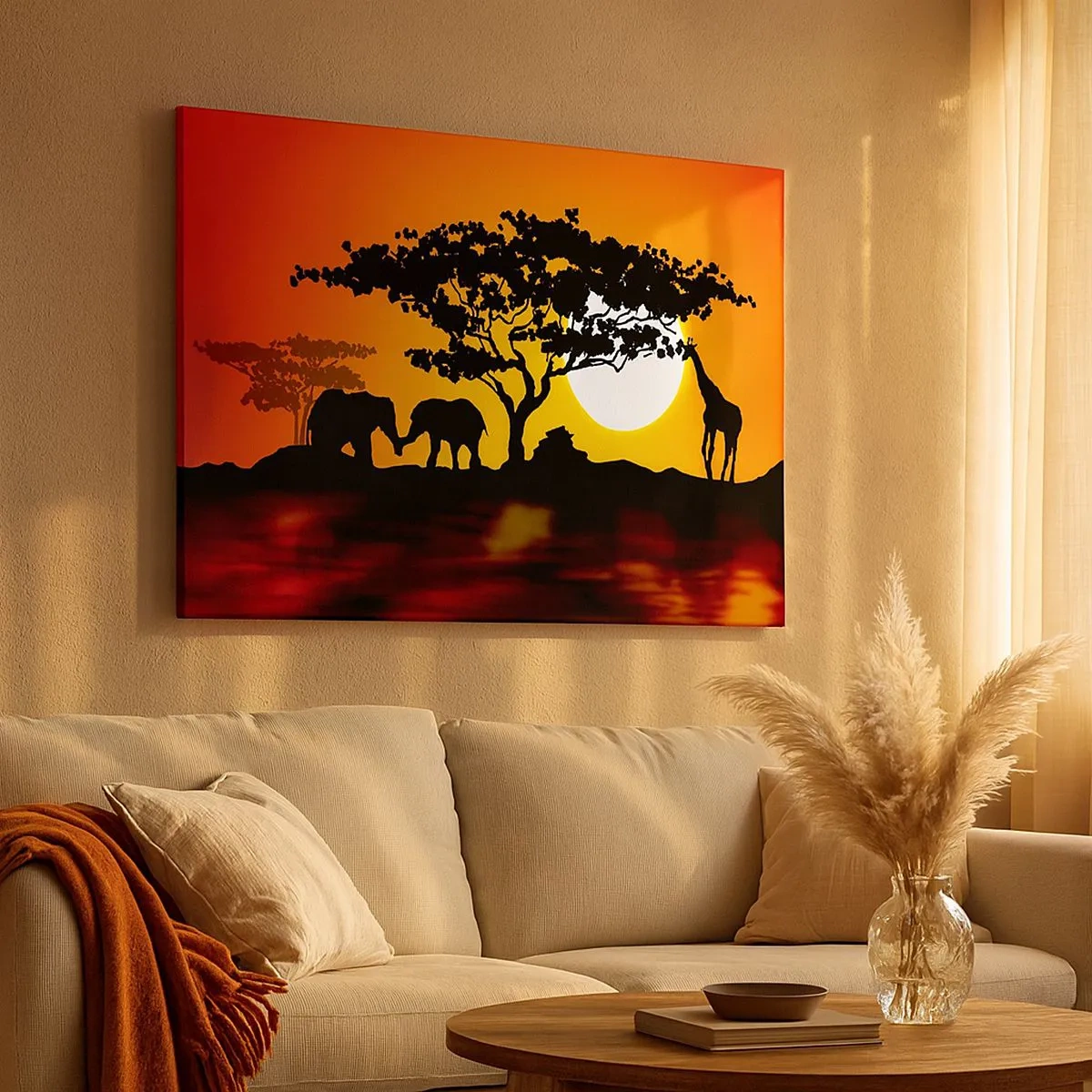 Cuadro sobre lienzo - Impresión de Imagen - Atardecer africano con siluetas de elefantes y jirafas sobre el agua - 70x50cm - Reunión en la sabana - Decoración de pared moderna para salón y dormitorio ARTTOR