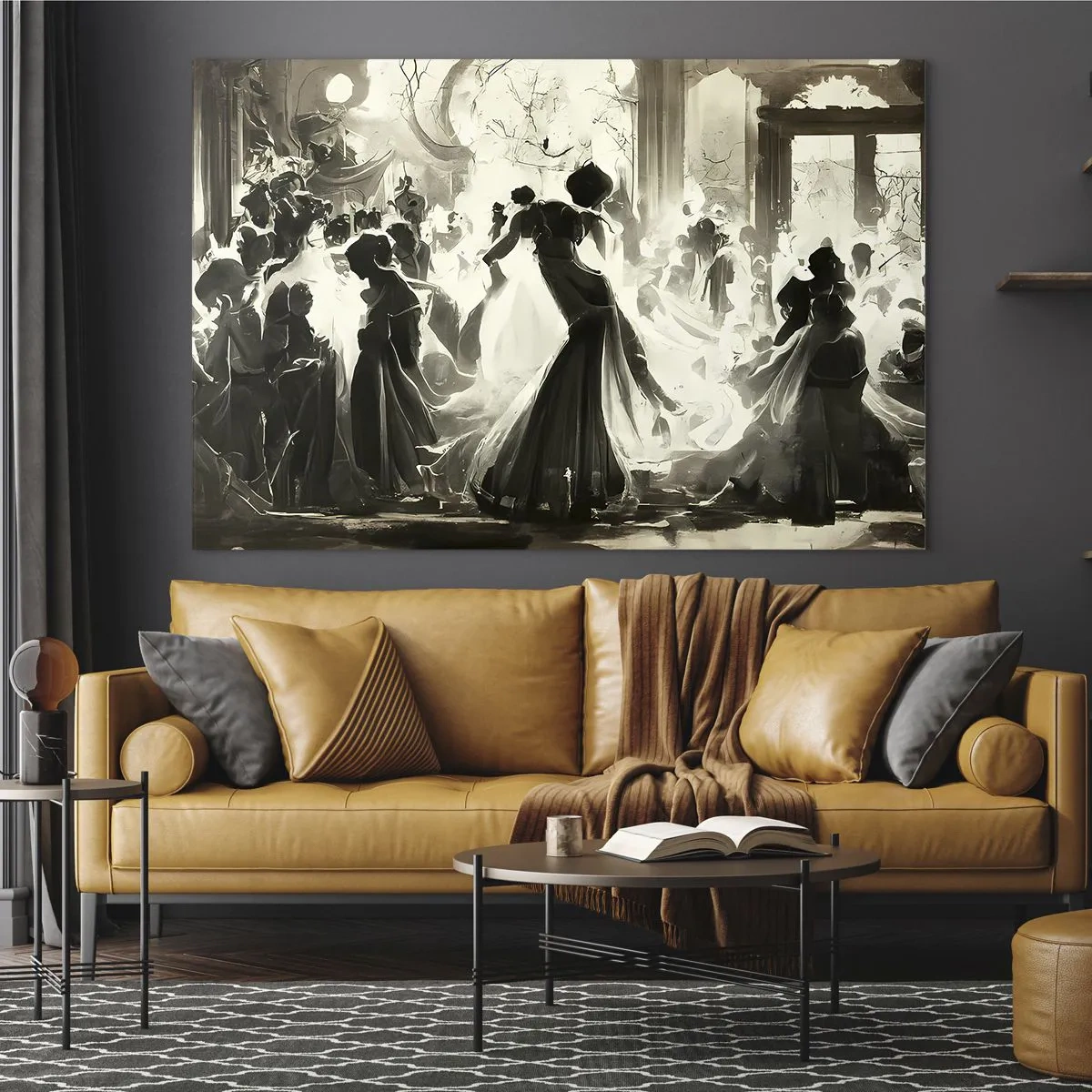 Cuadro sobre vidrio - Impresiones sobre Vidrio - Una escena de salón de baile de estilo retro con figuras bailando. - 70x50cm - Gran mascarada - Decoración de pared moderna para salón y dormitorio ARTTOR