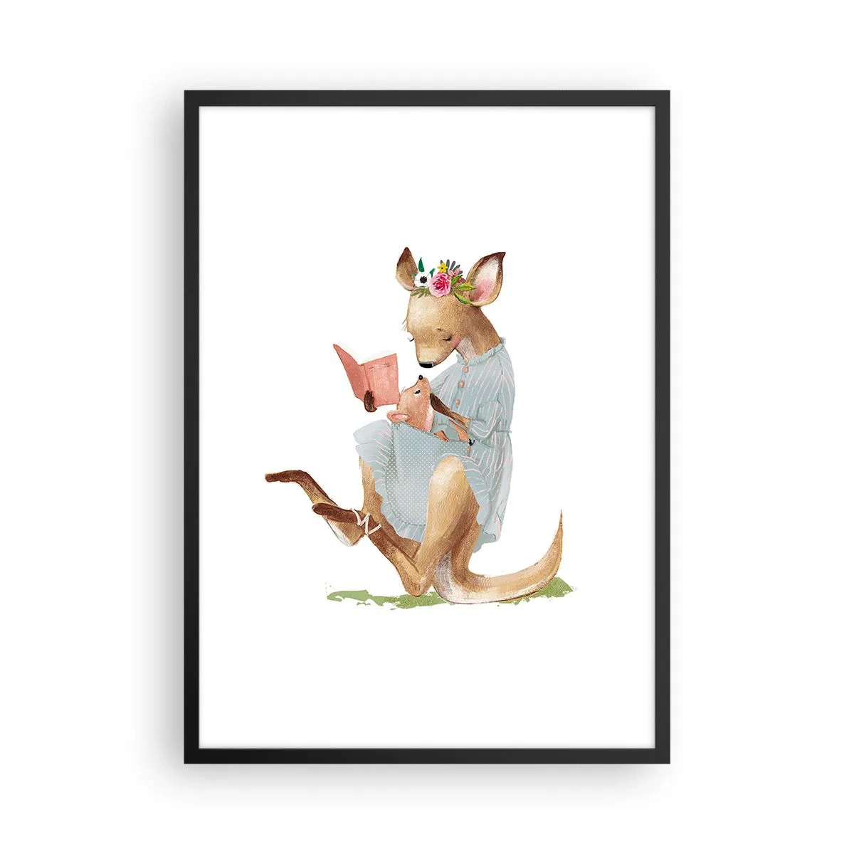 Póster en marco negro - Un canguro leyendo un libro con un niño en un estilo artístico. - 50x70cm - Léeme un cuento, mamá - Decoración de pared moderna para salón y dormitorio ARTTOR