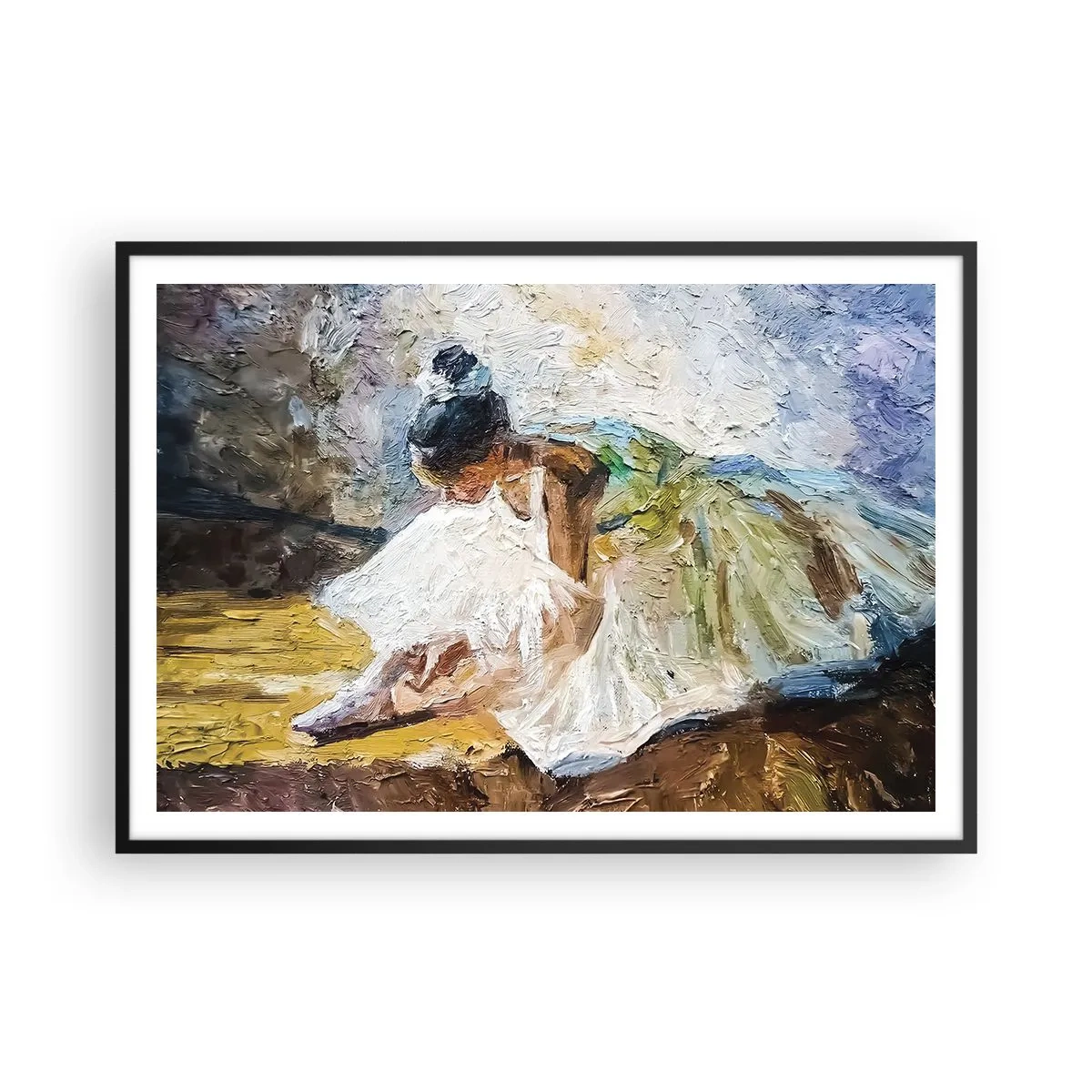 Póster en marco negro - Una bailarina con un vestido blanco de estilo pictórico sobre un fondo impresionista. - 100x70cm - De un cuadro de Degas - Decoración de pared moderna para salón y dormitorio ARTTOR