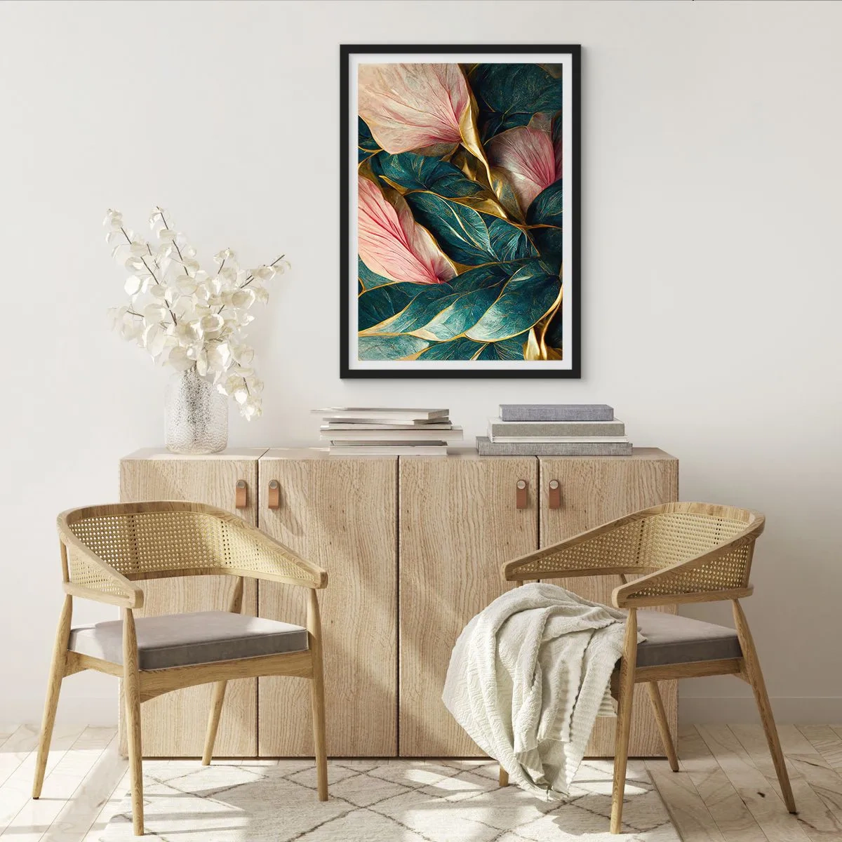 Póster en marco negro - Una elegante composición de hojas en tonos verdes, dorados y rosas. - 50x70cm - Elegancia y estilo naturales - Decoración de pared moderna para salón y dormitorio ARTTOR