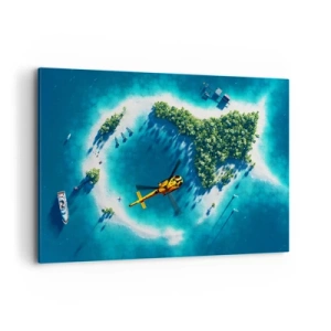 Cuadro sobre lienzo - Impresión de Imagen - Una isla tropical rodeada de agua turquesa con un helicóptero a la vista. - 100x70cm - Cómprate una isla - Decoración de pared moderna para salón y dormitorio ARTTOR