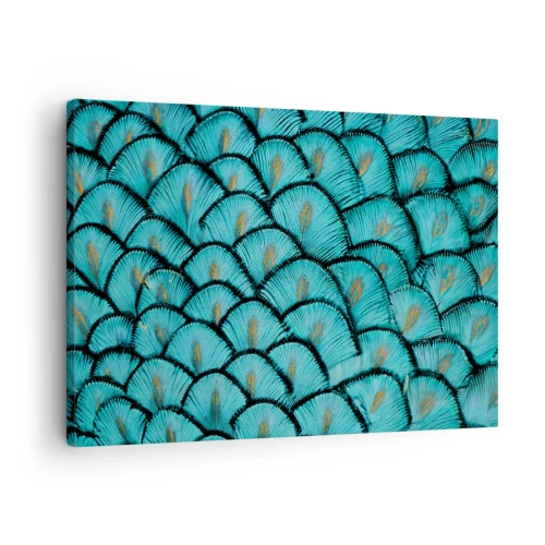 Cuadro sobre lienzo - Impresión de Imagen - Un patrón que se asemeja a escamas turquesas con acentos dorados. - 70x50cm - La gran gala de las plumas - Decoración de pared moderna para salón y dormitorio ARTTOR