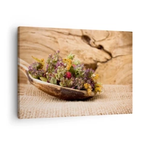 Cuadro sobre lienzo - Impresión de Imagen - Hierbas secas en una cuchara de madera sobre un fondo de madera natural. - 70x50cm - Flores coloridas y hierbas aromáticas - Decoración de pared moderna para salón y dormitorio ARTTOR