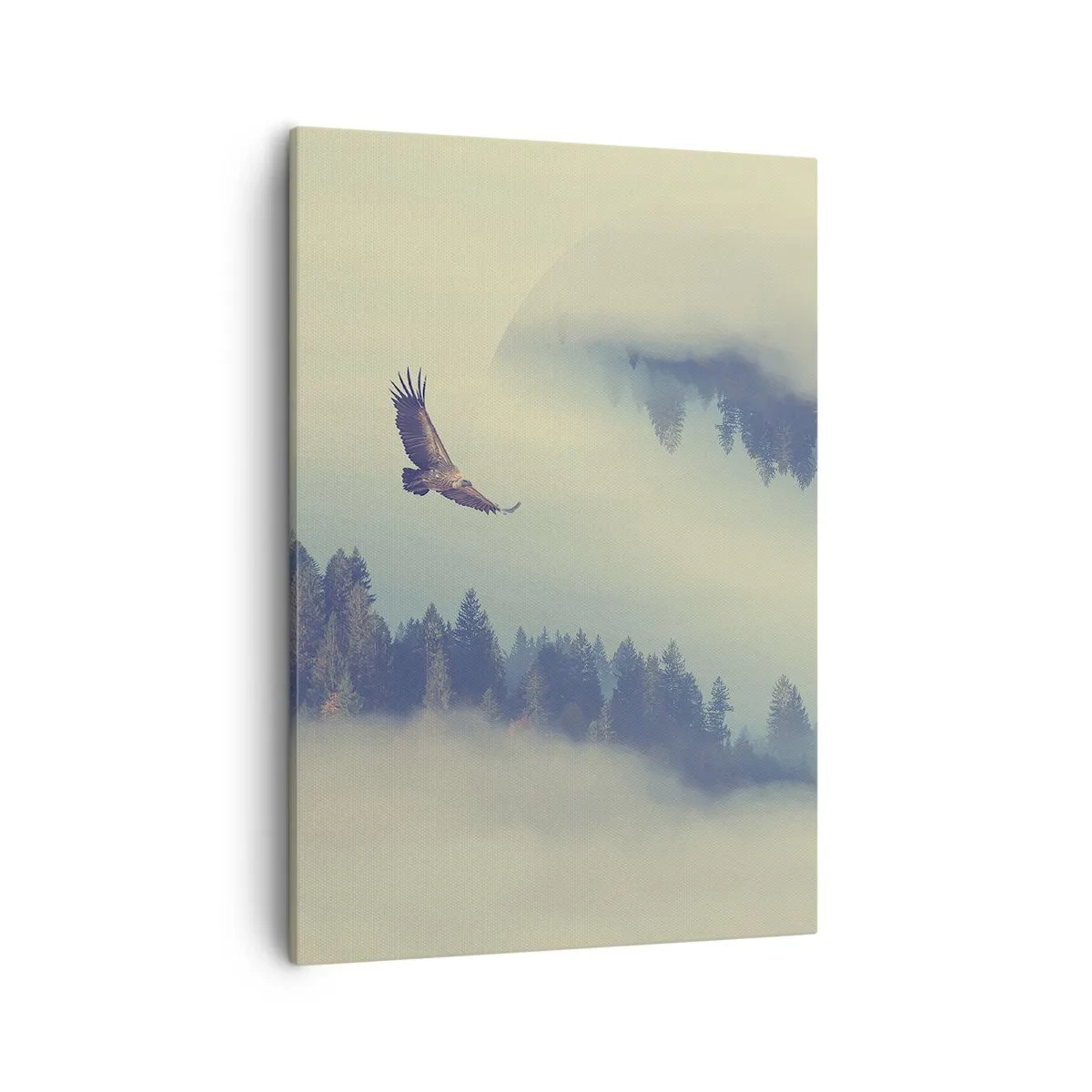 Cuadro sobre lienzo - Impresión de Imagen - Un águila en vuelo con un telón de fondo de montañas brumosas con un motivo circular artístico. - 50x70cm - Vi la sombra de un águila - Decoración de pared moderna para salón y dormitorio ARTTOR