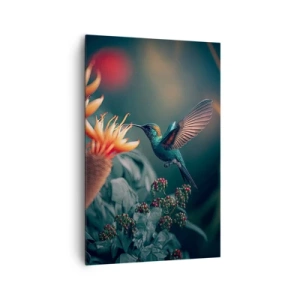 Cuadro sobre lienzo - Impresión de Imagen - Un colibrí colorido junto a las flores contra un fondo natural. - 80x120cm - Una vida verdaderamente colorida - Decoración de pared moderna para salón y dormitorio ARTTOR