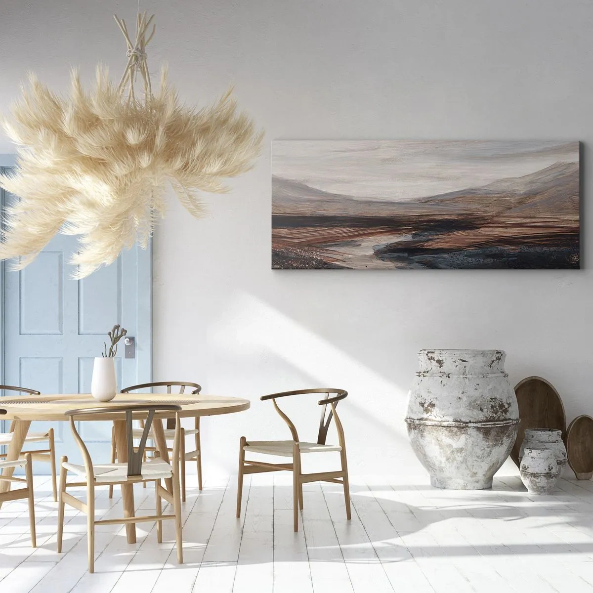 Cuadro sobre lienzo - Impresión de Imagen - Un paisaje pintoresco con un río y montañas. - 160x50cm - Valle apacible - Decoración de pared moderna para salón y dormitorio ARTTOR