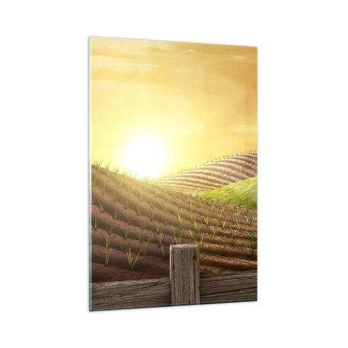 Cuadro sobre vidrio - Impresiones sobre Vidrio - Paisaje rural con un granero rojo, un tractor y el amanecer. - 80x120cm - Una granja como un cuento de hadas - Decoración de pared moderna para salón y dormitorio ARTTOR