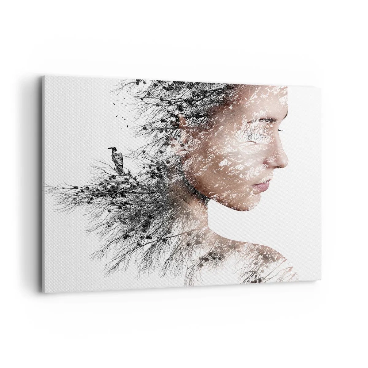 Cuadro sobre lienzo - Impresión de Imagen - Silueta de una mujer con una rama y un motivo de pájaro en el fondo. - 120x80cm - Espíritu del bosque - Decoración de pared moderna para salón y dormitorio ARTTOR