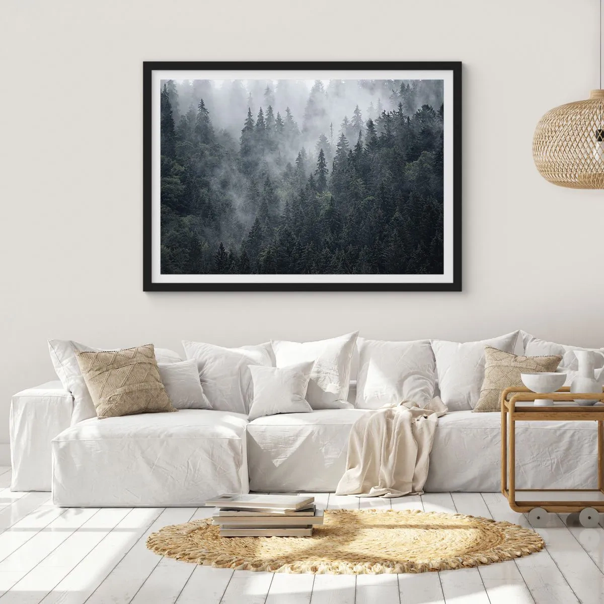 Póster en marco negro - Amanecer en el bosque - 40x30 cm