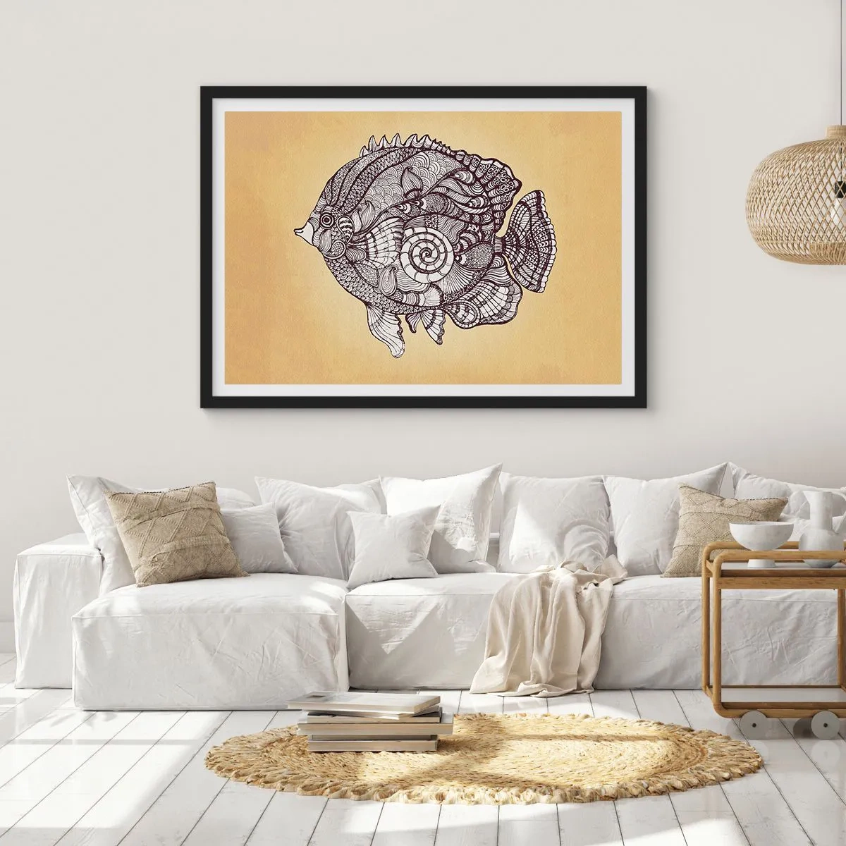 Póster en marco negro - Peces decorativos en estilo de dibujo con patrones. - 70x50cm - De un océano de ornamentos - Decoración de pared moderna para salón y dormitorio ARTTOR