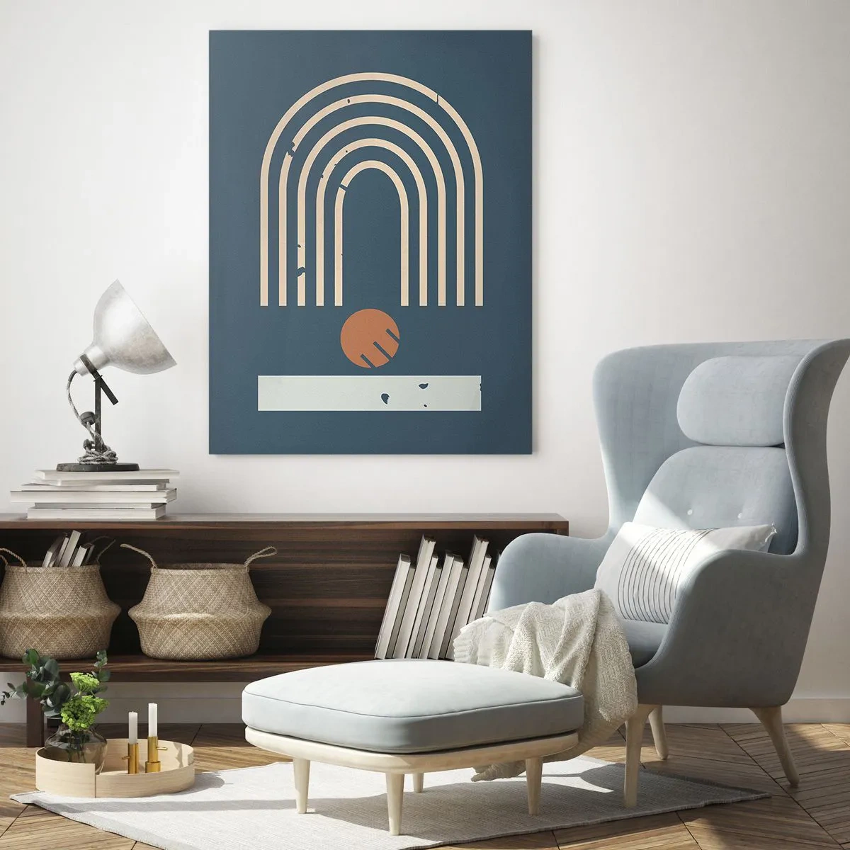 Cuadro sobre vidrio - Impresiones sobre Vidrio - Composición retro geométrica sobre un fondo oscuro. - 50x70cm - Geometría sobre azul marino - Decoración de pared moderna para salón y dormitorio ARTTOR