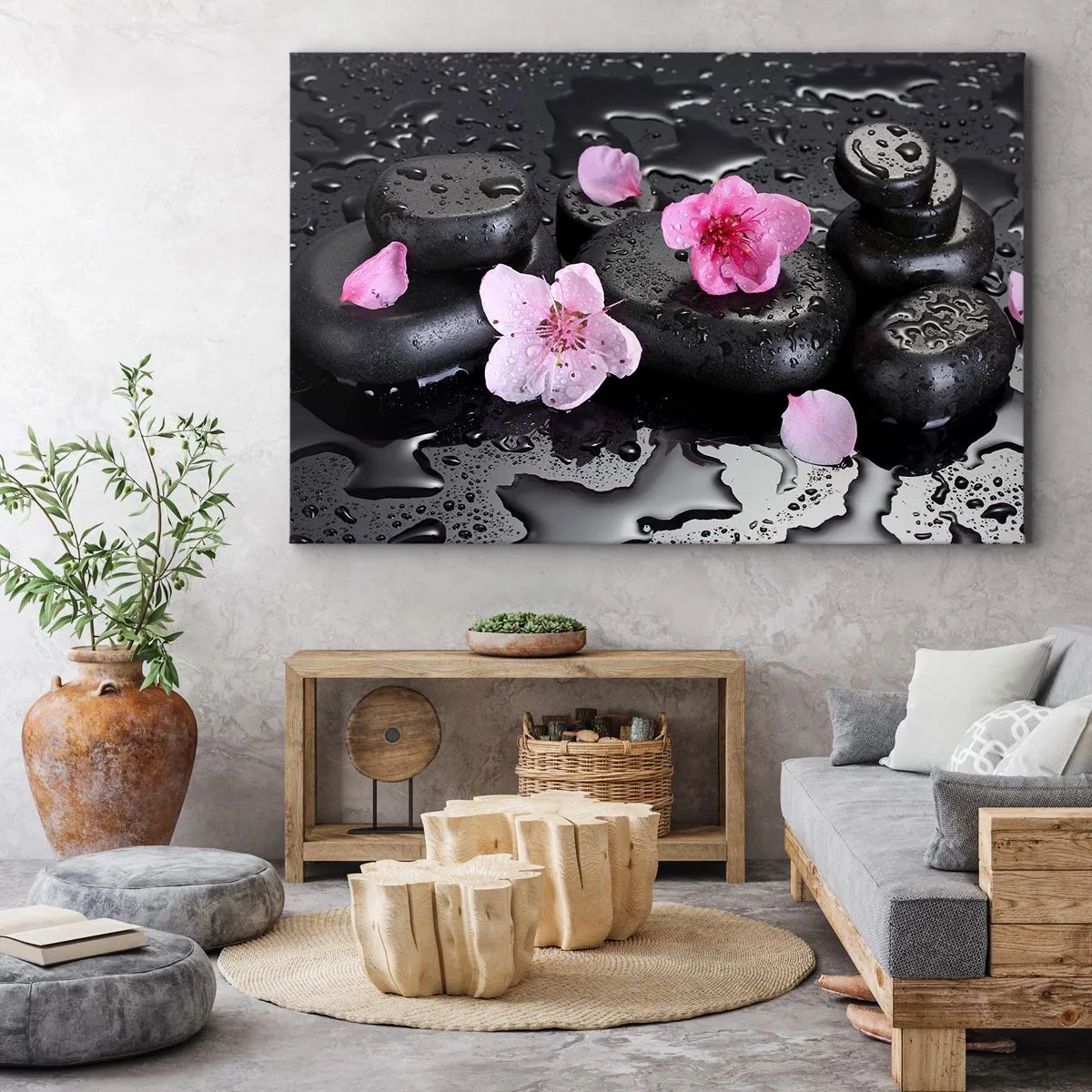 Cuadro sobre lienzo - Impresión de Imagen - Piedras negras y flores rosas estilo spa - 100x70cm - Y una piedra cae del corazón - Decoración de pared moderna para salón y dormitorio ARTTOR