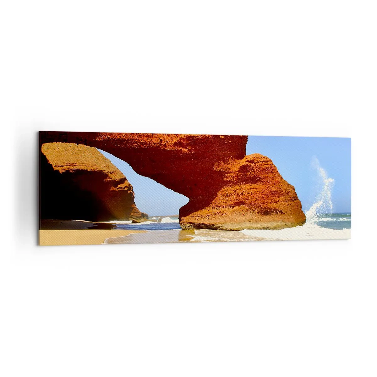 Cuadro sobre lienzo - Impresión de Imagen - Un arco de roca natural en una playa con cielos azules y olas. - 160x50cm - El agua y el viento a través de miles de años - Decoración de pared moderna para salón y dormitorio ARTTOR