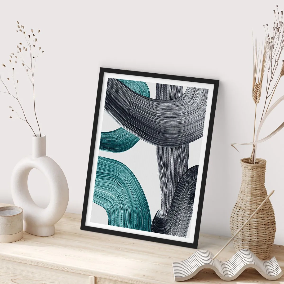 Póster en marco negro - Pinceladas dinámicas - 50x70cm - Senderos esmeralda y negro - Decoración de pared moderna para salón y dormitorio ARTTOR