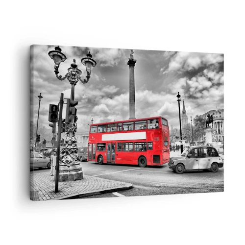 Cuadro sobre lienzo - Impresión de Imagen - Un autobús rojo de dos pisos contra un fondo de ciudad en blanco y negro. - 70x50cm - El verdadero torrente sanguíneo de la ciudad - Decoración de pared moderna para salón y dormitorio ARTTOR