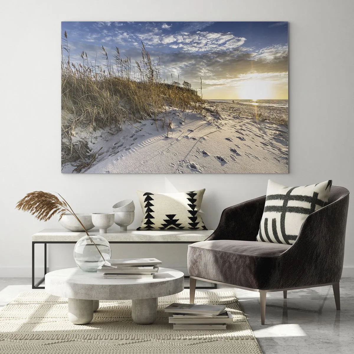 Cuadro sobre vidrio - Impresiones sobre Vidrio - Playa de arena al atardecer con hierbas junto a la duna - 70x50cm - Invitación a un paseo - Decoración de pared moderna para salón y dormitorio ARTTOR