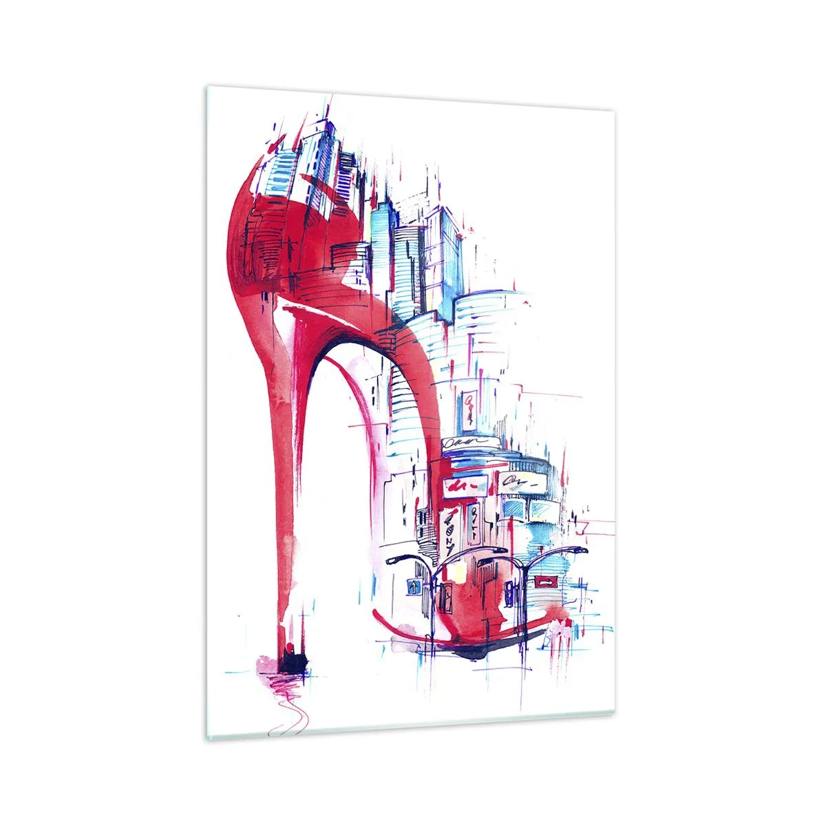 Cuadro sobre vidrio - Impresiones sobre Vidrio - Stiletto rojo con motivo de arquitectura urbana - 50x70cm - Elegancia metropolitana - Decoración de pared moderna para salón y dormitorio ARTTOR