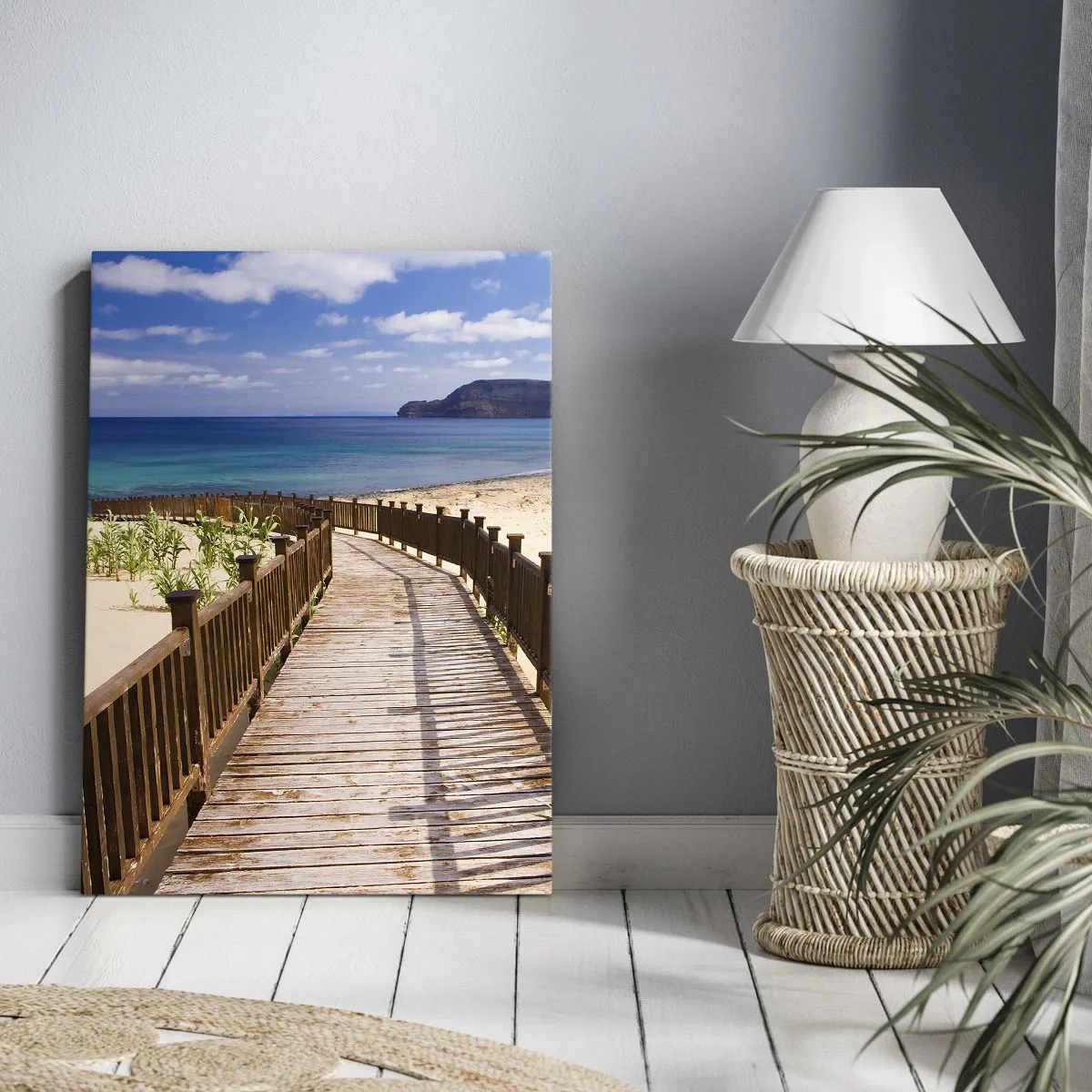 Cuadro sobre lienzo - Impresión de Imagen - Camino de madera que conduce a la playa con vistas al mar. - 50x70cm - Llévame a la isla de la felicidad - Decoración de pared moderna para salón y dormitorio ARTTOR