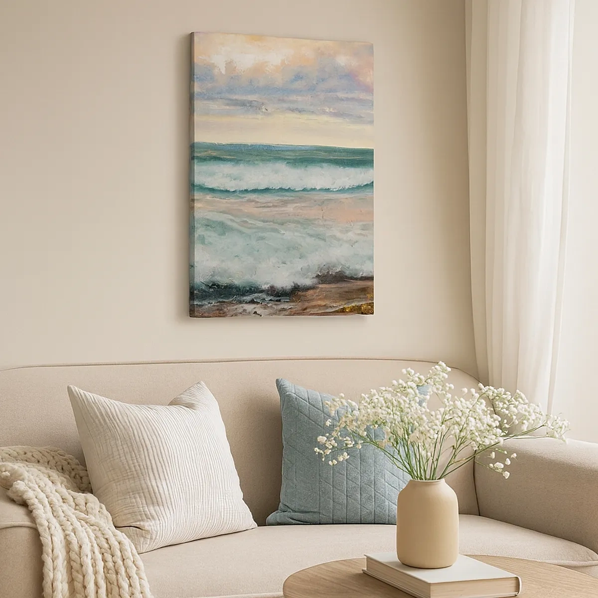 Cuadro sobre lienzo - Impresión de Imagen - Olas del mar contra un cielo nublado al atardecer - 50x70cm - Aquí suavizarás tu alma - Decoración de pared moderna para salón y dormitorio ARTTOR