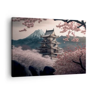 Cuadro sobre lienzo - Impresión de Imagen - Un templo japonés rodeado de flores de cerezo y montañas. - 70x50cm - Tierra de cerezos en flor - Decoración de pared moderna para salón y dormitorio ARTTOR