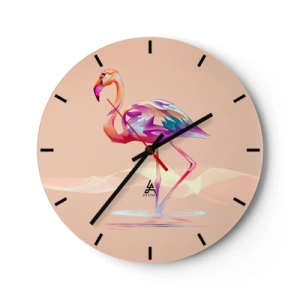 Reloj de pared - Reloj de vidrio - Flamenco con estampado geométrico sobre fondo beige. - 30x30cm - Pájaro de las buenas emociones - Decoración de pared moderna para salón, cocina y dormitorio ARTTOR