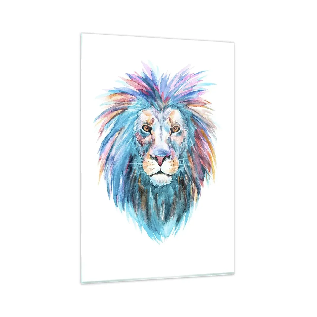 Cuadro sobre vidrio - Impresiones sobre Vidrio - Retrato en acuarela de un león en colores vivos. - 80x120cm - Aura electrizante - Decoración de pared moderna para salón y dormitorio ARTTOR
