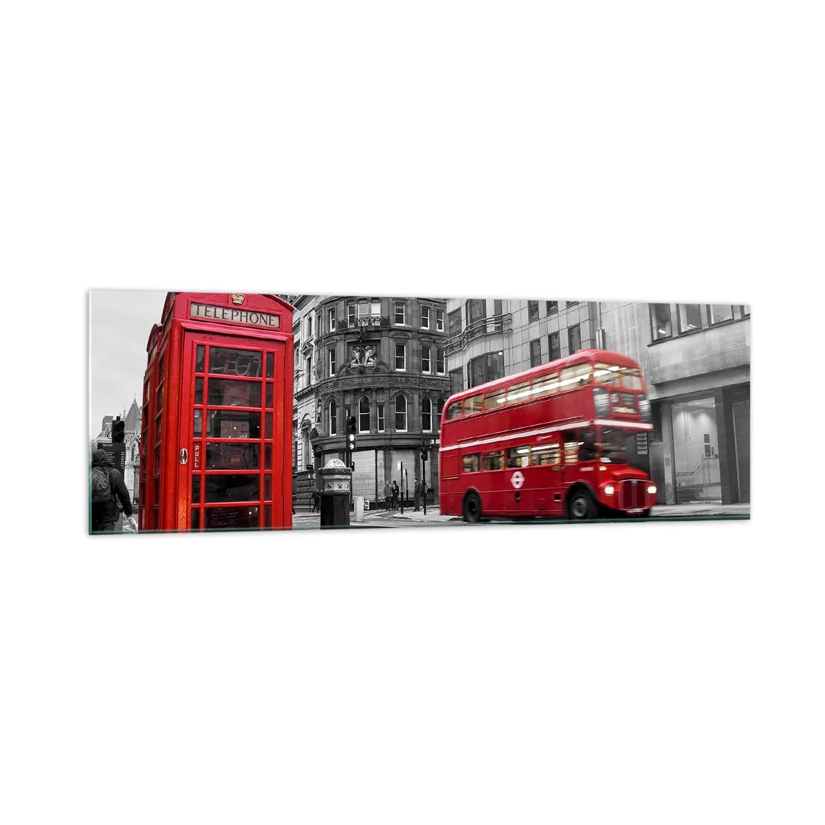 Cuadro sobre vidrio - Impresiones sobre Vidrio - Una cabina telefónica roja y un autobús de dos pisos en Londres con la ciudad al fondo. - 160x50cm - El más rojo de Europa - Decoración de pared moderna para salón y dormitorio ARTTOR