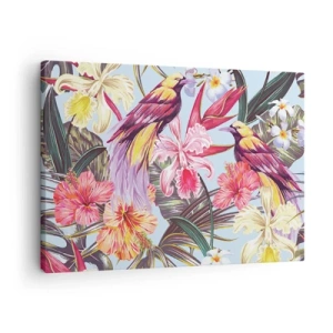 Cuadro sobre lienzo - Impresión de Imagen - Aves exóticas entre flores tropicales - 70x50cm - Pétalos y plumas - Decoración de pared moderna para salón y dormitorio ARTTOR