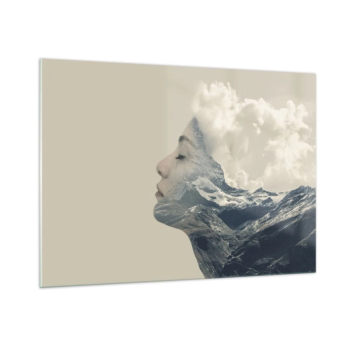 Cuadro sobre vidrio - Impresiones sobre Vidrio - Perfil de mujer con un paisaje de montañas y nubes al fondo. - 100x70cm - La belleza de los elementos - Decoración de pared moderna para salón y dormitorio ARTTOR