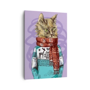 Cuadro sobre lienzo - Impresión de Imagen - Un gato con un suéter y una bufanda sobre un fondo morado. - 70x100cm - El gato no solo tenía botas - Decoración de pared moderna para salón y dormitorio ARTTOR