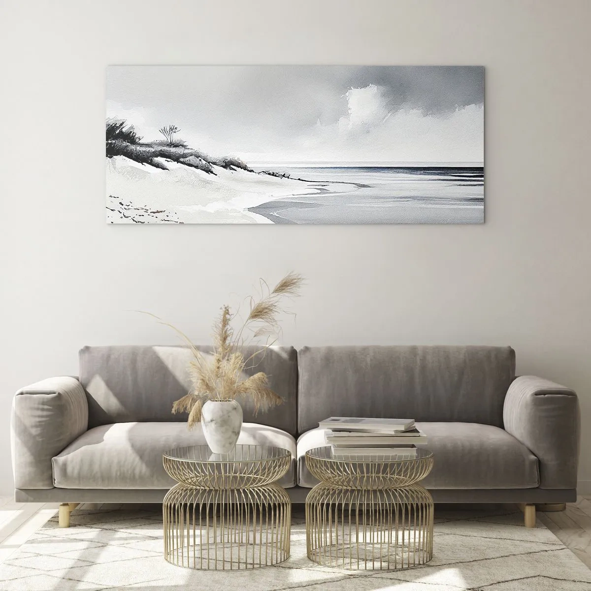Cuadro sobre vidrio - Impresiones sobre Vidrio - Una playa en tonos tenues de gris y azul. - 140x50cm - Juntos desde el principio de los tiempos - Decoración de pared moderna para salón y dormitorio ARTTOR